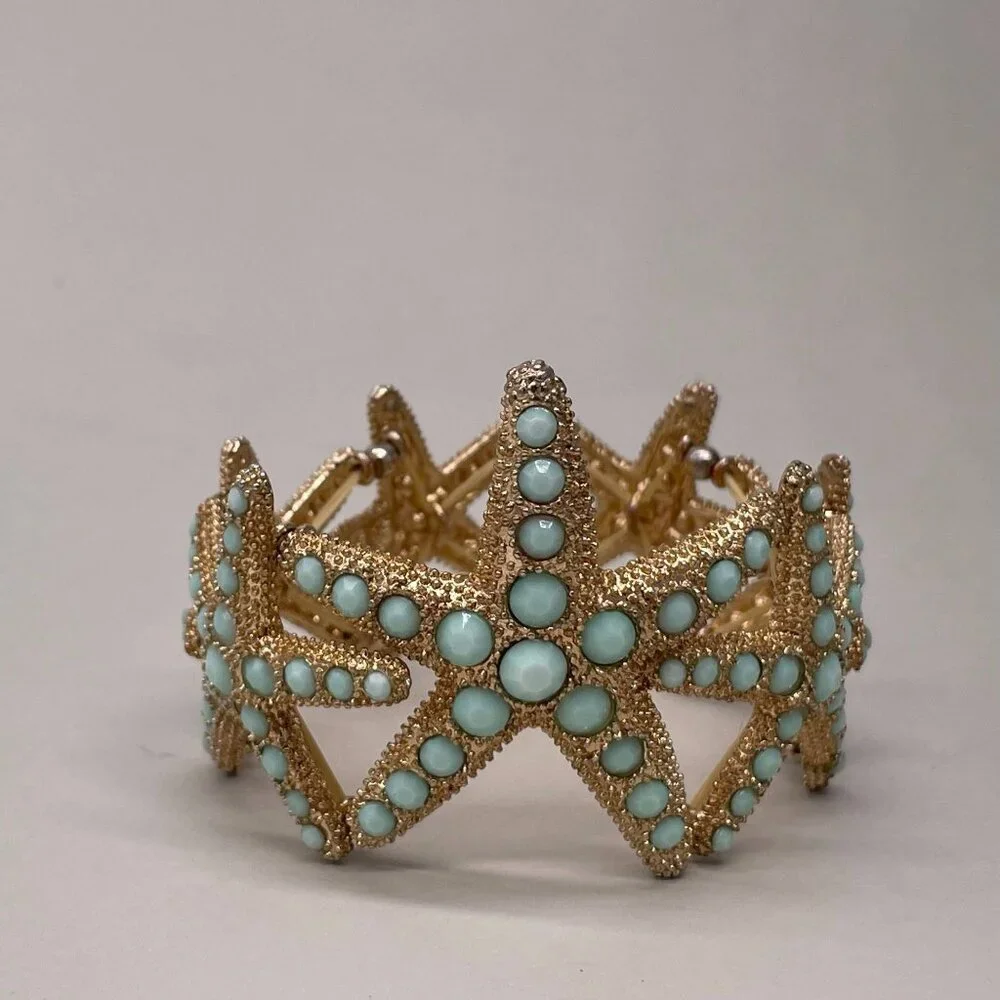 Starfish Mint Studded Stretch Bracelet Gold Tone Evening Classic Date Night